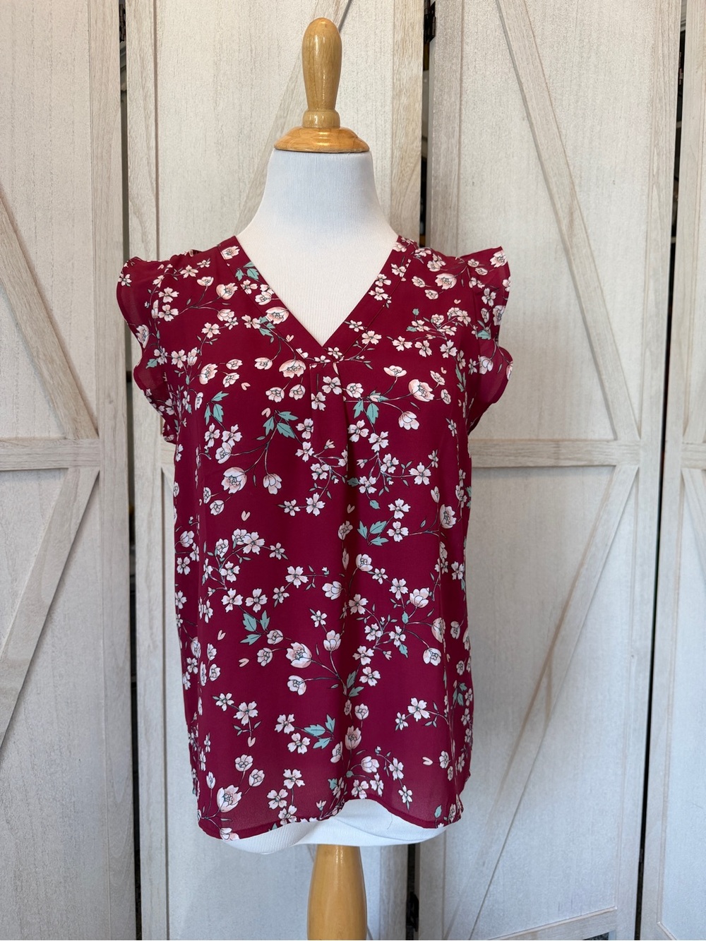 LOFT Berry Floral Blouse with Mint Accents - Picture 1 of 12
